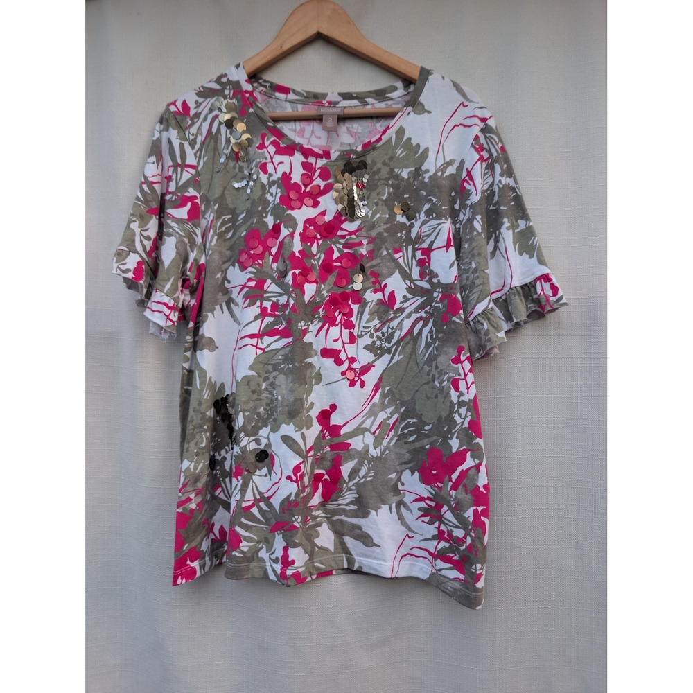 Chicos Watercolor Floral Sequin‎ Shirt Womens 2 Large Casual Resortwear Blouse
